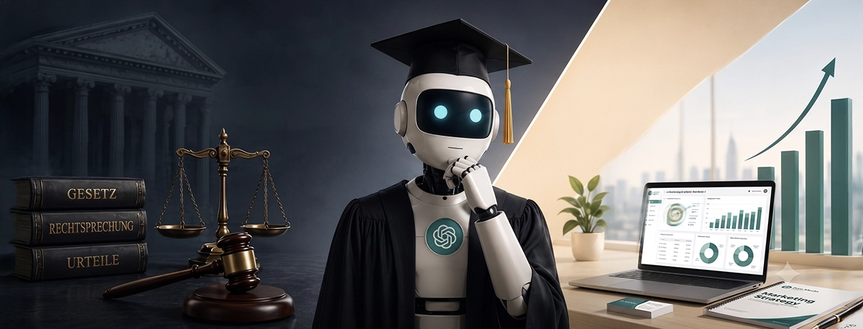 Ein intelligenter Roboter wägt KI Halluzinationen im Marketing ab, professionell analysiert von der Pure Media und Marketing GmbH.